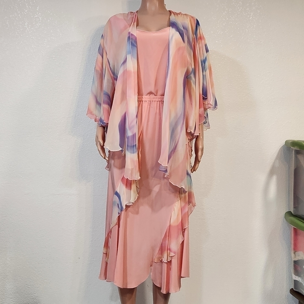 3pc Pink Polyesters And Silk Skirt, Shirt And Over Throw Butterfly Look Sz M